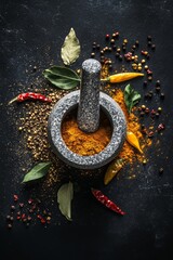Top view of mortar and pestle with colorful spices and herbs on dark background