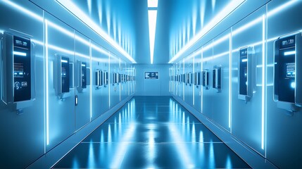 Fototapeta premium Futuristic gym locker with glowing LED panels on each door, set in high-tech gym. Blue and white lighting reflects modern design, creating a sci-fi aesthetic ideal for promoting advanced fitness tech.