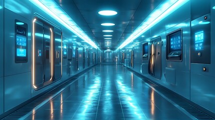 Futuristic gym locker with glowing LED panels on each door, set in high-tech gym. Blue and white lighting reflects modern design, creating a sci-fi aesthetic ideal for promoting advanced fitness tech.