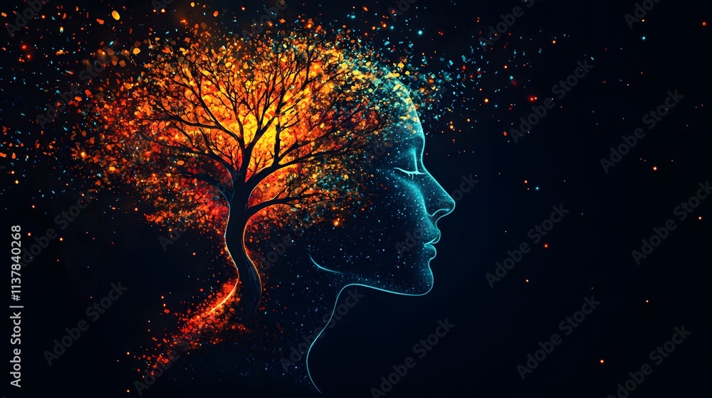Aufkleber portrait of an abstract figure with a tree blending into vibrant colors. generative ai.