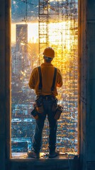 Sunset view from a construction site high above the city, a worker stands poised in anticipation of a new day