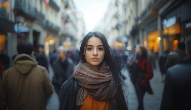 a young woman with long dark hair is standing in the middle of a busy pedestrian street, looking at the camera. Other people are blurred