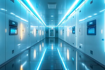 Fototapeta premium Futuristic gym locker with glowing LED panels on each door, set in high-tech gym. Blue and white lighting reflects modern design, creating a sci-fi aesthetic ideal for promoting advanced fitness tech.