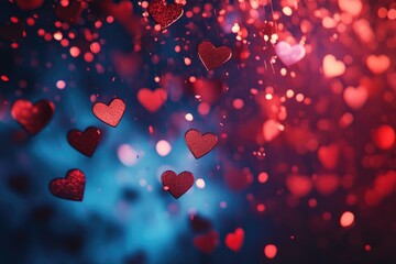 Obraz premium Red hearts falling through a romantic blue and red backdrop