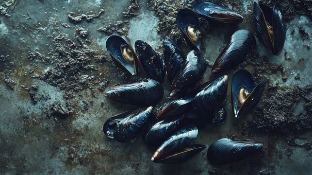 Fresh mussels on rustic surface highlighting texture and natural beauty