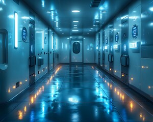 Fototapeta premium Futuristic gym locker with glowing LED panels on each door, set in high-tech gym. Blue and white lighting reflects modern design, creating a sci-fi aesthetic ideal for promoting advanced fitness tech.