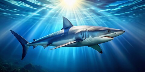 Naklejka premium Stunning Blue Shark Images: Ocean Predators, Underwater Photography, Wildlife, Marine Life, Deep Sea, Blue Shark Pictures, Shark Photos, Aquatic Life, Ocean Wildlife