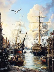 A bustling port scene with tall ships docked at wooden piers, sailors loading cargo, and seagulls flying overhead