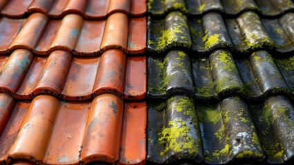 Tiles from the previous and previous Using a high-pressure water cleaner to clean tile roofing