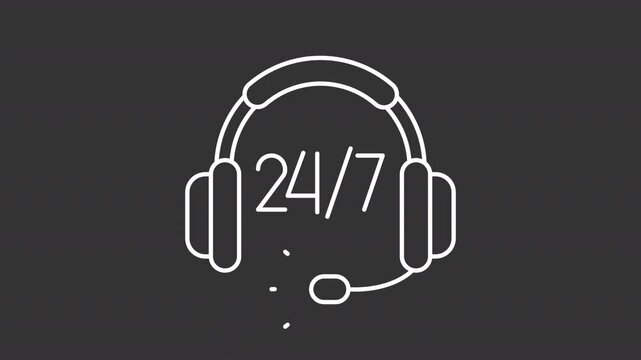 24 by 7 headset white line animation. Customer assistance animated icon. Scaling headphones. Communication, guide. Isolated illustration on dark background. Transition alpha video. Motion graphic