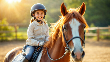 Obraz premium A young girl confidently riding a horse in an equestrian arena, enjoying her lesson.