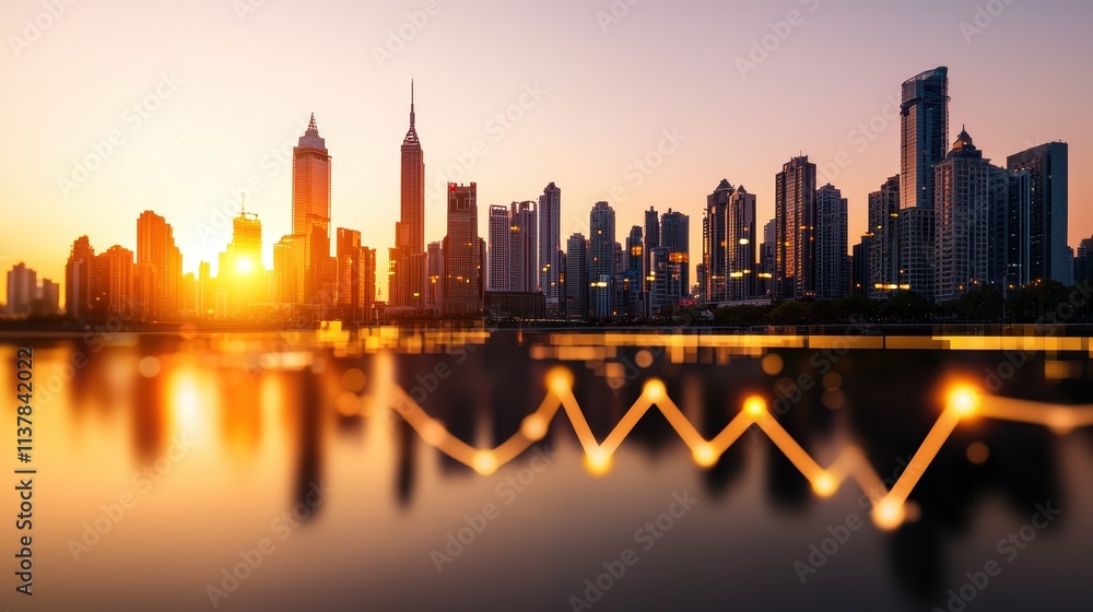 Poster sunset over city skyline with data visualization and reflection