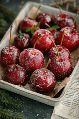 Fresh sugared red apples in tray with rustic decor and evergreen branches