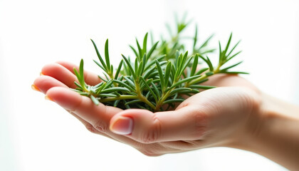 Fresh rosemary sprigs gathered in hand against a bright window backdrop showcasing vibrant green