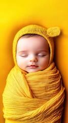 Joyful infant wrapped in bright yellow fabric, radiating warmth and serenity against a vibrant backdrop in a cozy setting