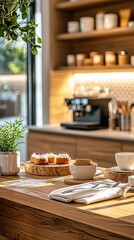 Cozy morning brunch setup featuring a warm cup of coffee, delightful pastries, and natural sunlight illuminating the space