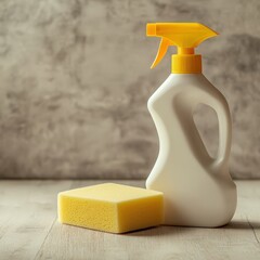 Cleaning Supplies with Yellow Spray Bottle and Sponge on Wooden Surface for Home Cleaning and Maintenance Tasks in a Bright Environment