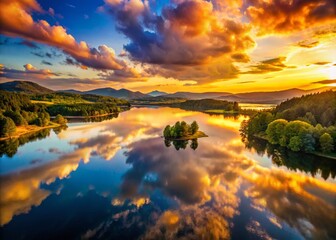Obraz premium Stunning Drone Silhouette Photography: Water Reflections at Sunset, Epic Lake Views, Aerial Photography, Silhouette Images