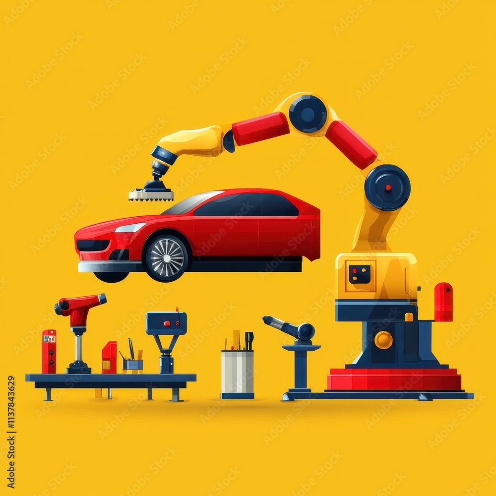 Poster robotic arm assembling red car in modern factory setting