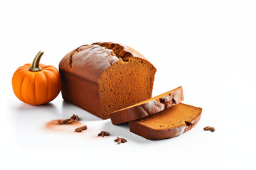 Freshly baked and delicious pumpkin brown bread, neatly sliced and presented on a clean white background. Highlighting its rich texture, wholesome ingredients, and perfect golden-brown crust