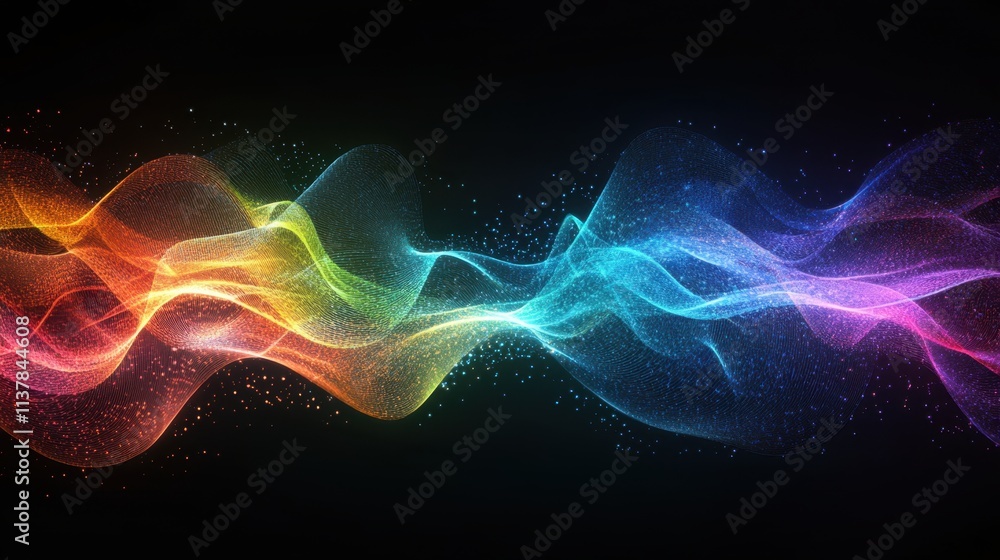 Poster vibrant abstract waves of color and light flowing through dark background