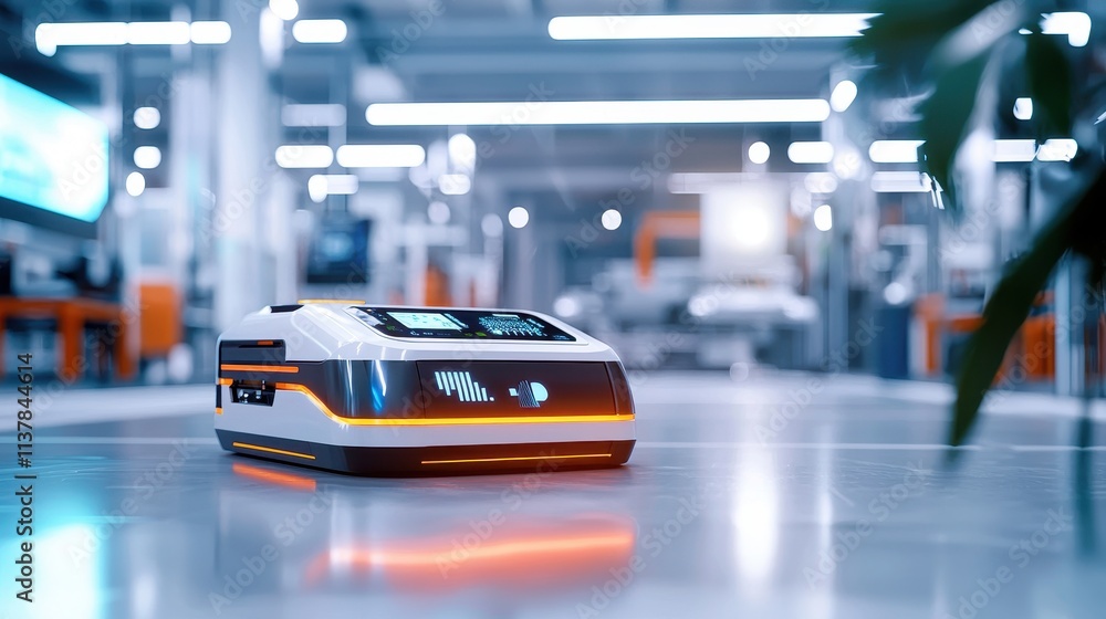 Poster autonomous robot in modern industrial warehouse fulfilling automated tasks seamlessly