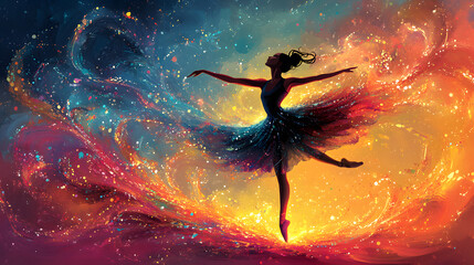 A cartoon-style illustration of a ballerina performing a grand jeté, her body stretched in mid-air, surrounded by colorful swirls and sparkles that reflect the energy and joy of her performance.