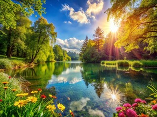 Obraz premium Stunning High Depth of Field Natural Pond Landscape Photography: Serene Water, Lush Greenery, Tranquil Nature Scene