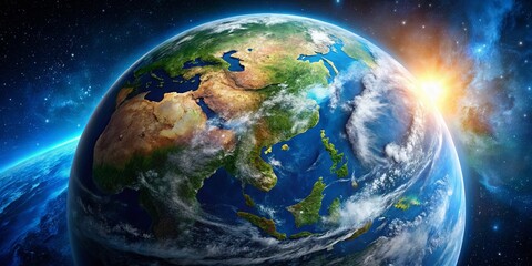 Fototapeta premium Stunning High-Resolution Earth Globe, Planet Earth View, World Map, Deep Space, Global Perspective, Detailed Satellite Image, 3D Earth Model, High Depth of Field Photography