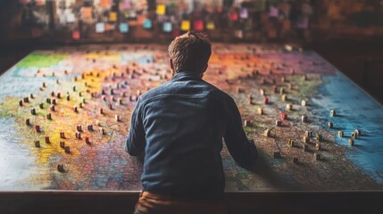 Man reviewing a large colorful map with markers.