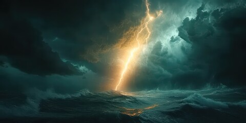 Fototapeta premium Sunlight pierces through dramatic storm clouds over turbulent ocean waters