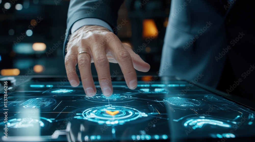 Aufkleber businessman using touchscreen interface with digital technology visuals