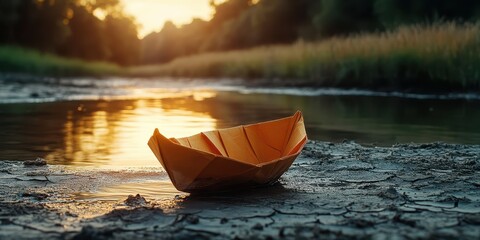 Fototapeta premium Dried pond with an abandoned paper boat resting on cracked earth at sunset
