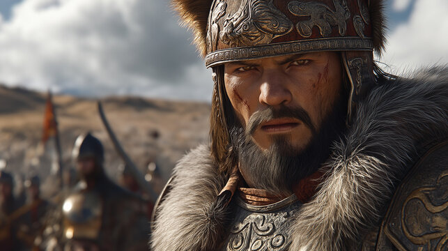 Tatar-Mongol warrior in full armor preparing for battle on the steppes during the historical era of conquest
