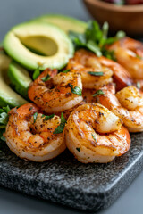 Grilled shrimp with fresh avocado and herbs on stone plate