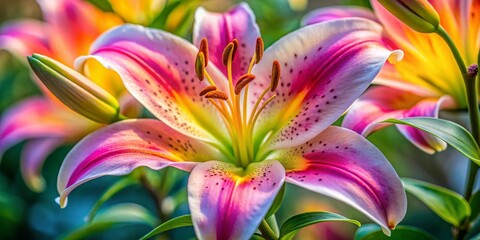 Fototapeta premium Stunning Lily Flower Portraits: Close-Up Photography of White, Pink, and Yellow Lilies