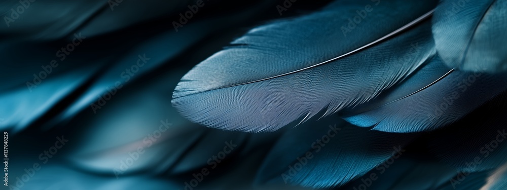 Poster dark blue feathers create a soft texture, capturing light and shadows in an artistic display of natu