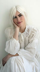 Fototapeta premium soft pastel tones blonde white hair model minimalist natural beauty white robe delicate charm elegant spa relaxation wellness fashion vertical format