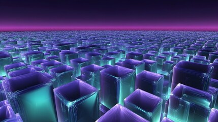 Obraz premium A 3D grid of glowing cubes in shades of purple and teal, fading into a dark horizon.