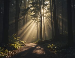 Naklejka premium Silhouette of a forest path with rays of light streaming through