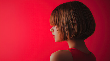 Obraz premium strong red sleek black bob hairstyle women model in bold confident attitude modern fashion photography artistic styling vertical format