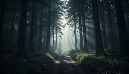 Obraz premium Silhouette of a forest path with rays of light streaming through