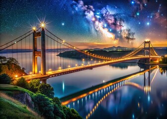 Fototapeta premium Stunning Night View of a Suspension Bridge Illuminated with Vibrant Lights Over a Calm River, Showcasing the Grandeur of Engineering and Cityscape Beauty in Panoramic Photography
