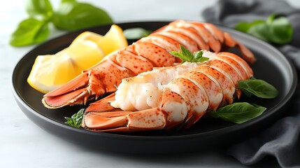 Delicious grilled lobster tails garnished with lemon and basil