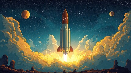Fototapeta premium Rocket testing in a vibrant cartoon landscape with celestial bodies at twilight