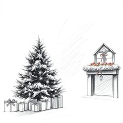 Christmas Themed Illustrations and Decorations with Festive Trees, Cozy Homes, Santa Figures, Ornaments, and Winter Holiday Scenes