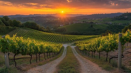 Scenic Vineyard Landscape with Sunset Over Rolling Hills and Green Grapevines