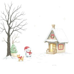 Christmas Themed Illustrations and Decorations with Festive Trees, Cozy Homes, Santa Figures, Ornaments, and Winter Holiday Scenes