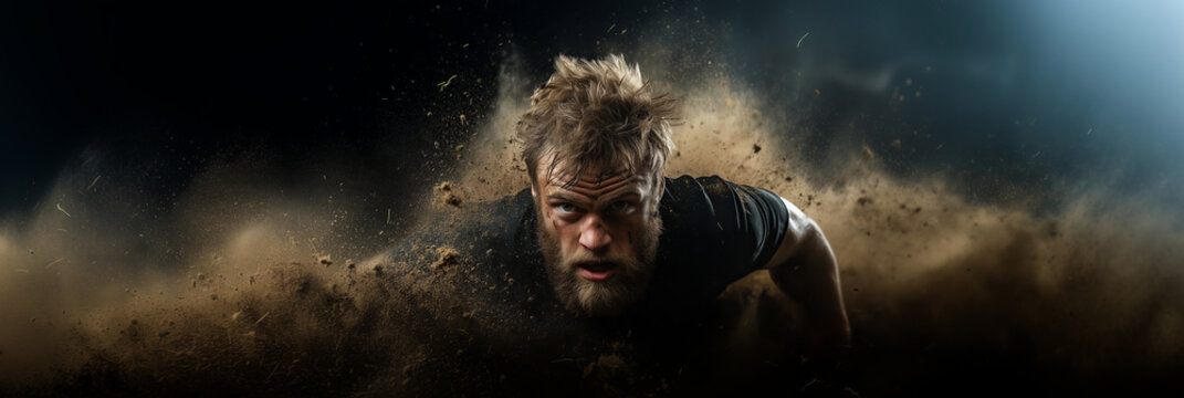 Rugby player in black uniform powerfully charging through dust on the field during an intense match with determination