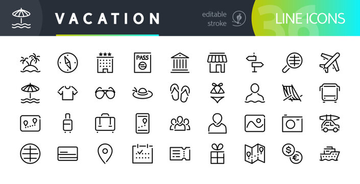 Set of 36 Vaction Line Icons with Editable Stroke. Suitable for web, infographics and apps. Isolated on white background.
